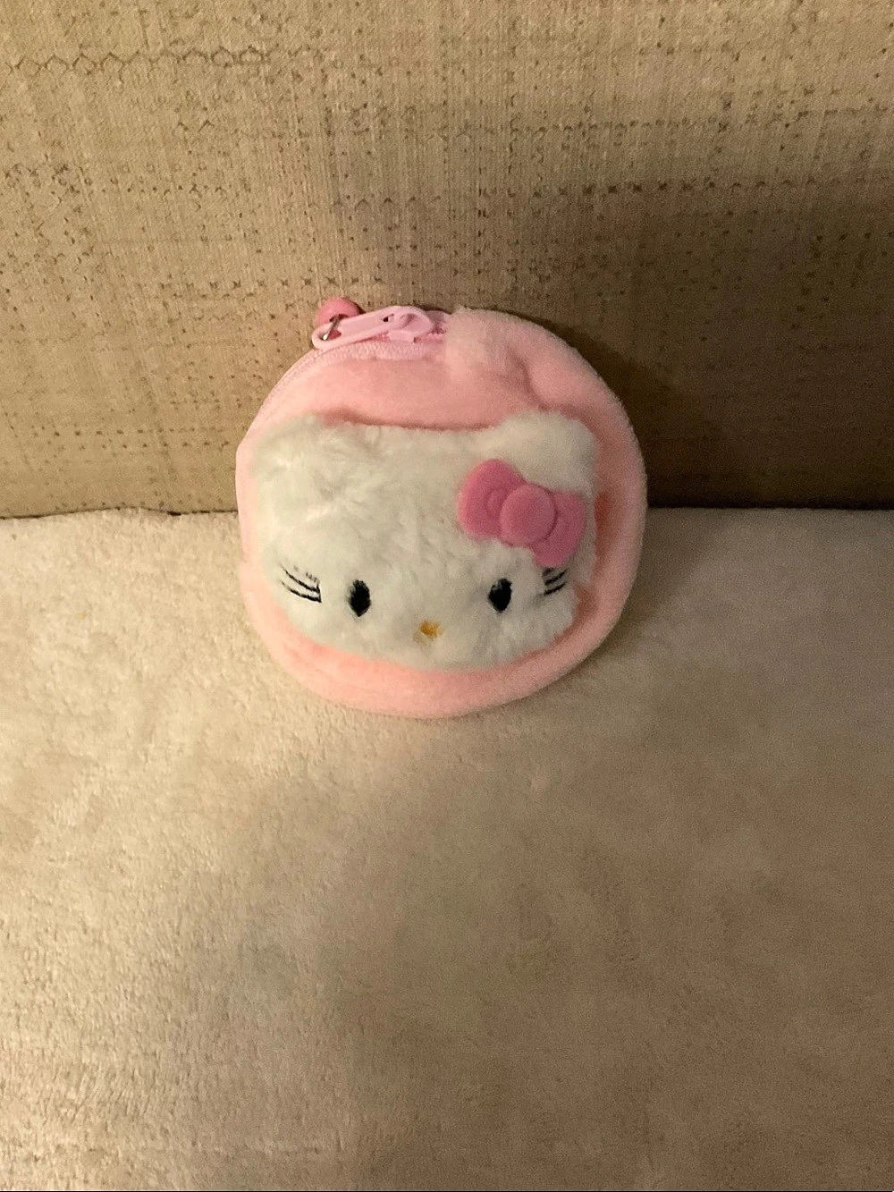Sanrio Hello Kitty Plush Round Coin Purse Keychain Pink & White